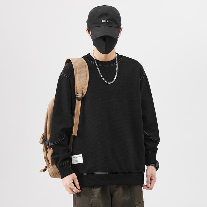 Men s Heavyweight Trendy Hoodie: Versatile Round Neck, Long Sleeve T-Shirt M чёрный