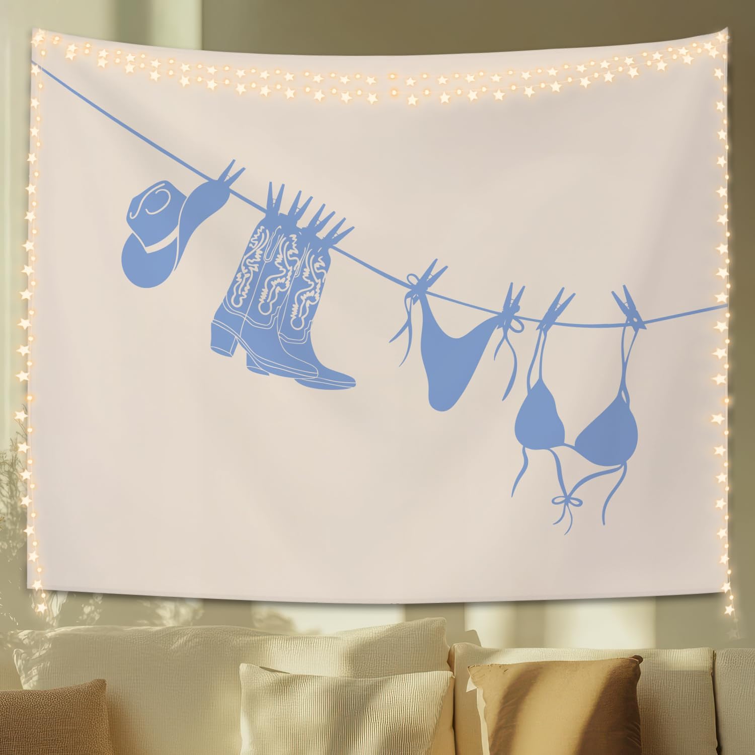 

Blue Cowgirl Tapestry Western Boots Bikini Wall Art Preppy Girly Decor for Teen Girl Dorm Bedroom 50x60 Inches 74x94cm(29x37in)