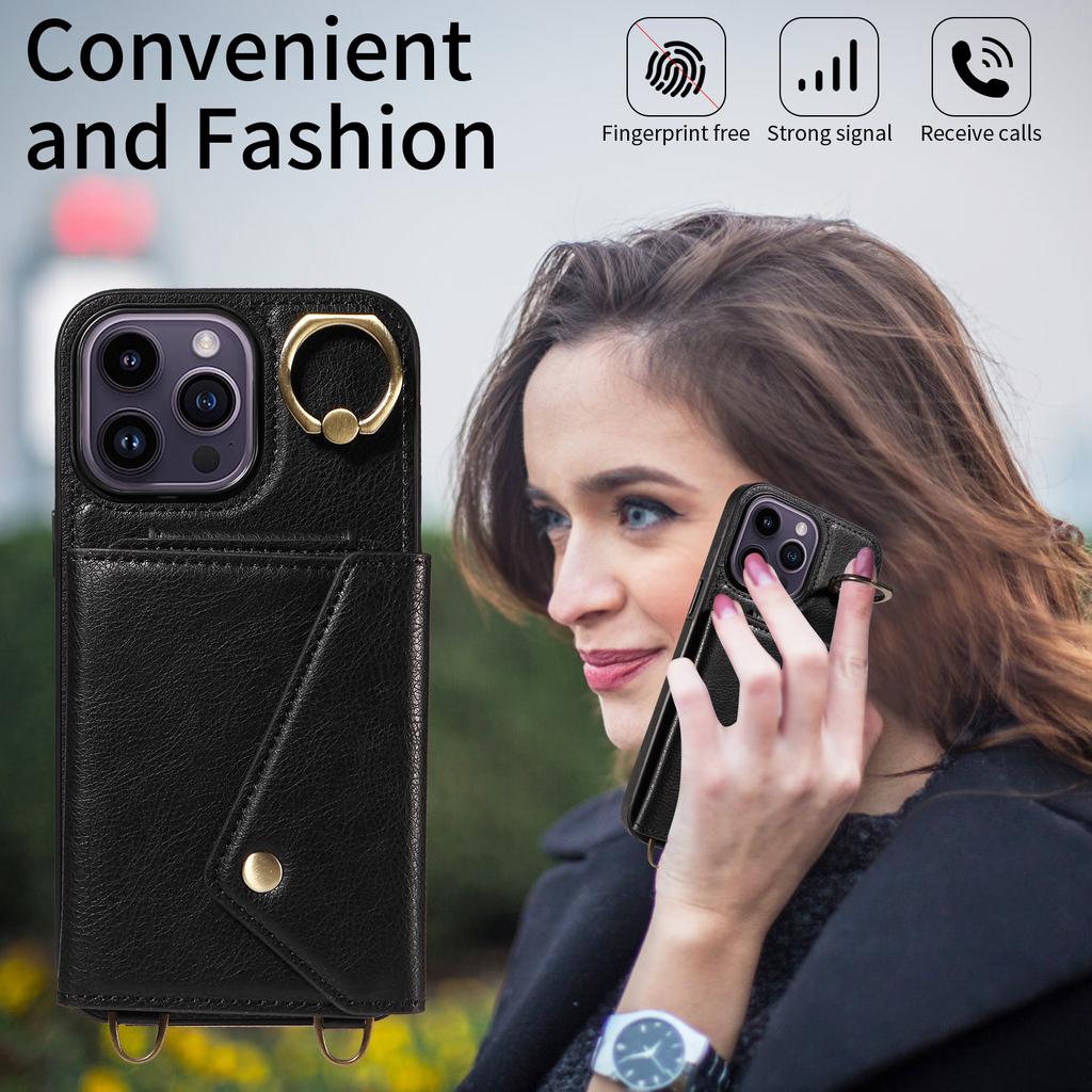 For iPhone 14 Series.for iPhone 14,14 Plus,14 Pro,14 Pro Max Shoulder Strap Rope Ring Bracket Design Card Holder Slots Lichee Pattern Cover Phone Case