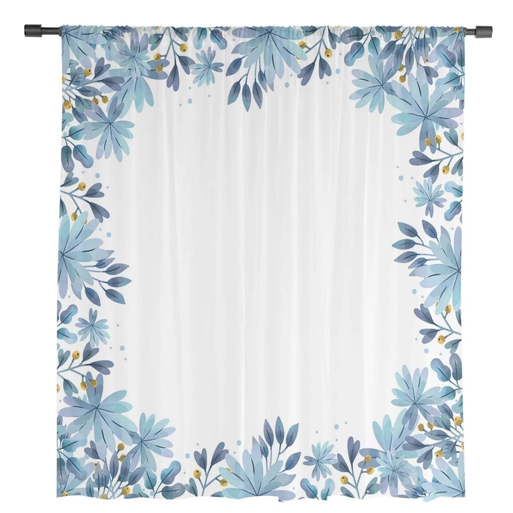 Blue Watercolor Flower Tulle Curtains For Living Room Chiffon Voile Sheer Window Curtain For Bedroom