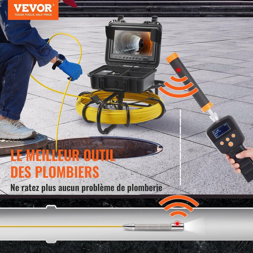 Sewer Camera Pipe Inspection Camera w/ 512hz Sonde 9in 720p Screen 165 ft