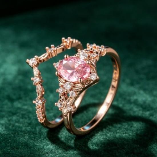 Vintage court-style oval pink diamond two-piece ring set Light luxury rose gold hollow crown ring set