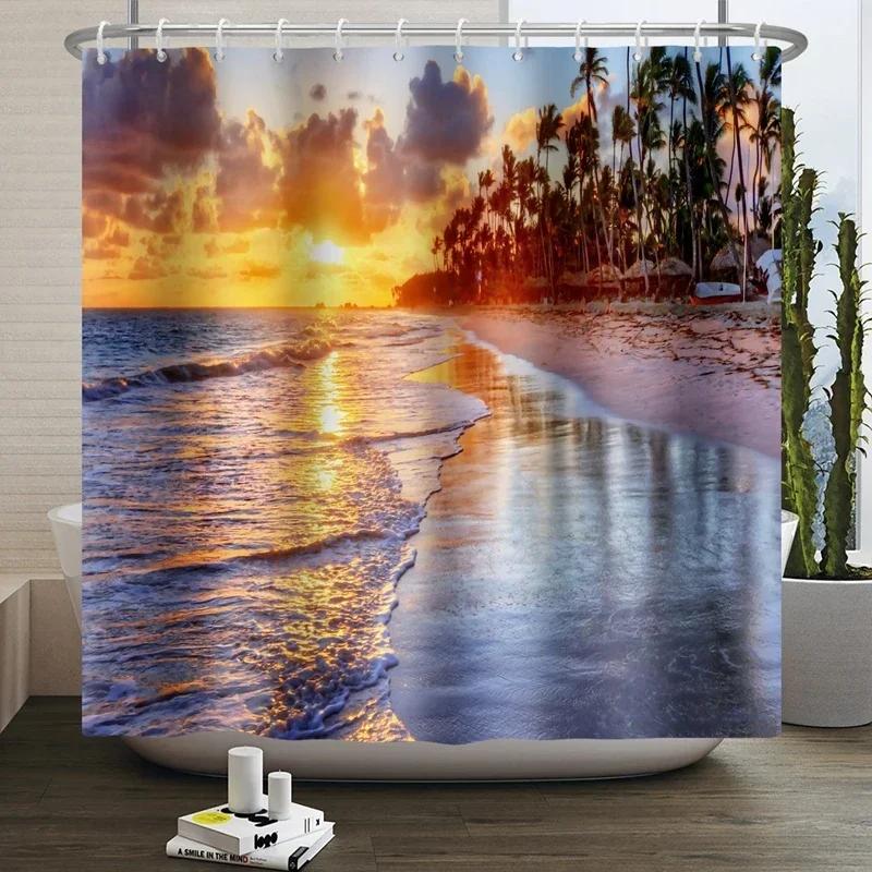 Summer Seaside Shower Curtains Ocean Beach View Coconut Trees Bath Curtain Polyester Fabric Bathroom Restroom Decor With Hooks