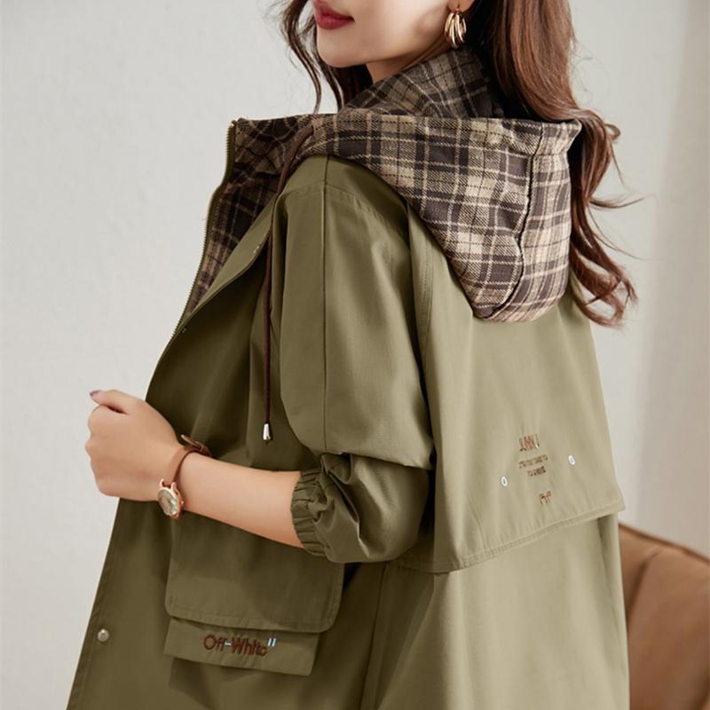 Women's Windbreaker Jackets Plaid Fake Two-piece Splicing Loose Casual Hooded Tooling Jacket Trend Coats