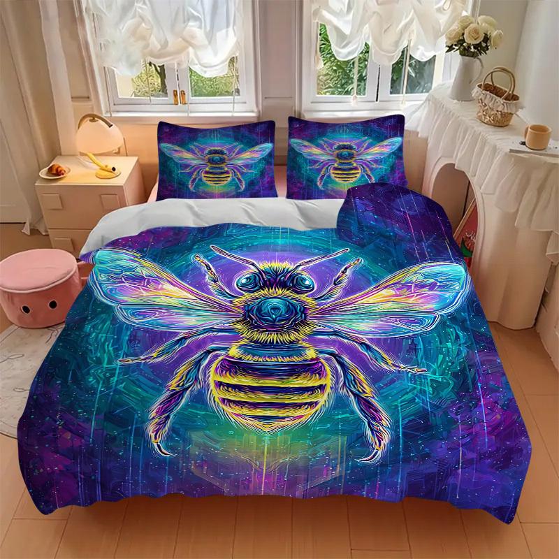 3pcs Neon Bee Print Duvet Cover Set, Cover For Bedroom Guest Room (1 Duvet Cover + 2 Pillowcase, Without Quilt),  yy250922152