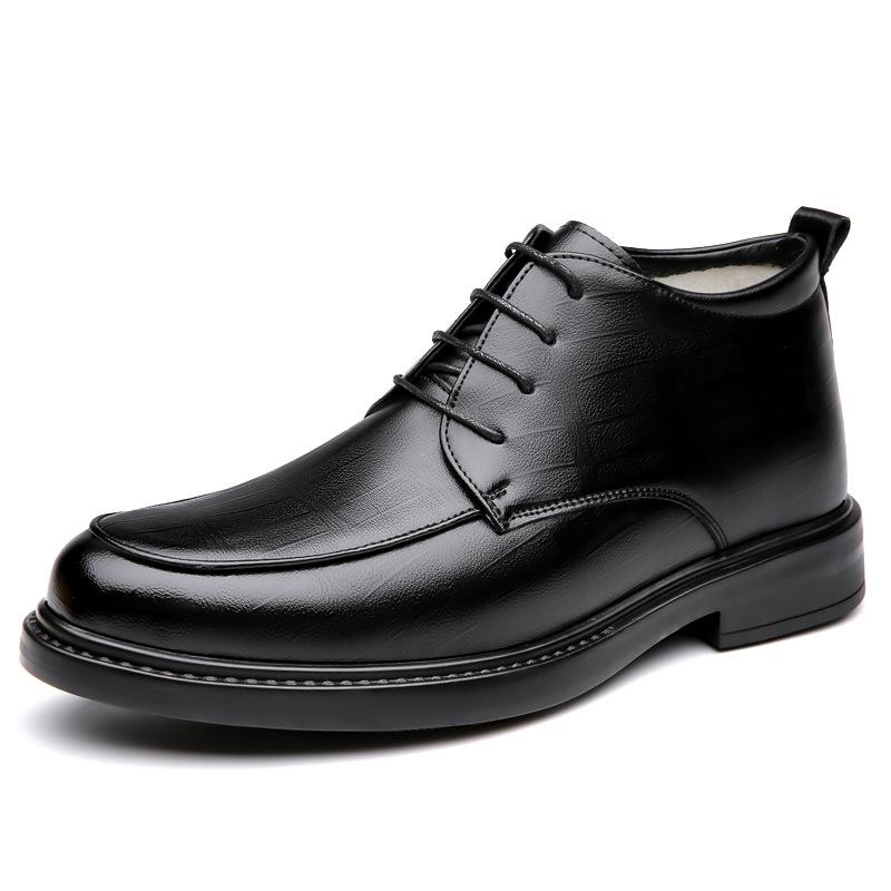 Winter 2024 New Men's Hairy Business Dress Leather Shoes Men's High-top Leather Shoes Fleece Thickened Thermal Cotton Leather