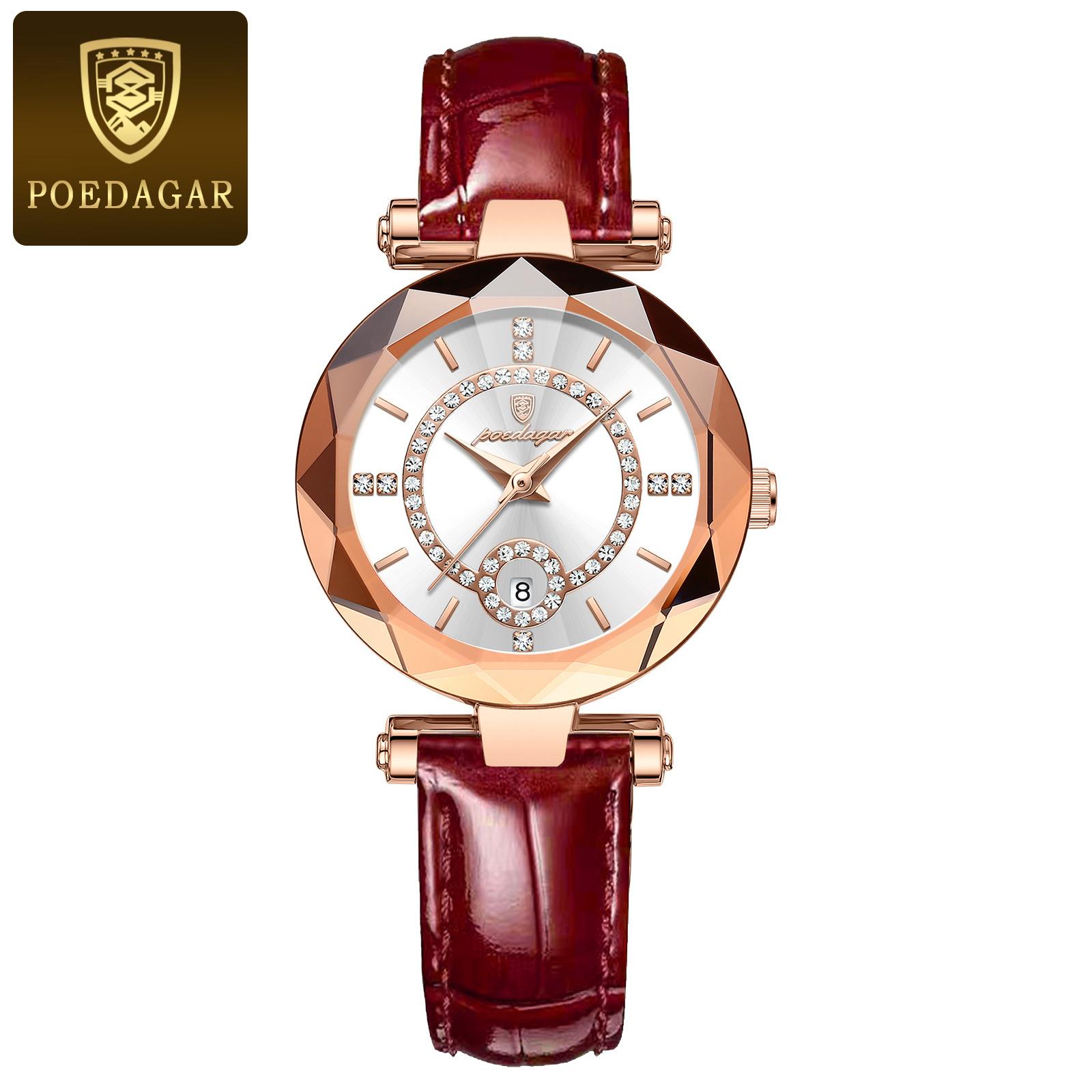 

POEDAGAR Luxury Watch for Women High Quality Waterproof Date Leather Ladies Watches Dress Casual Quartz Watch + box розового золота/белый