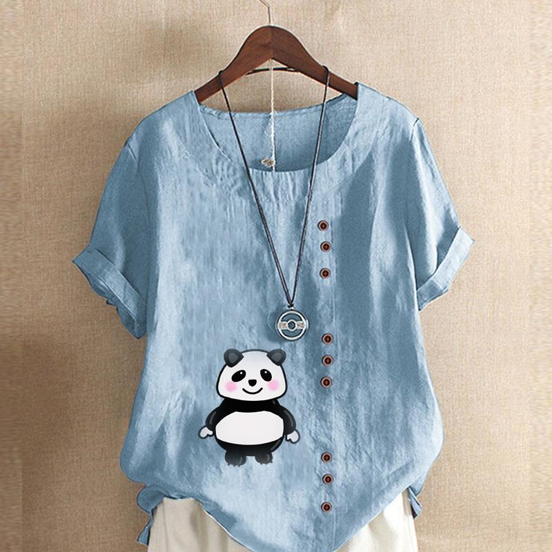 Women's Fashion Panda Print Short Sleeve T-shirt Loose Cotton Shirt Casual Loose Summer Blouse Tops Plus Size