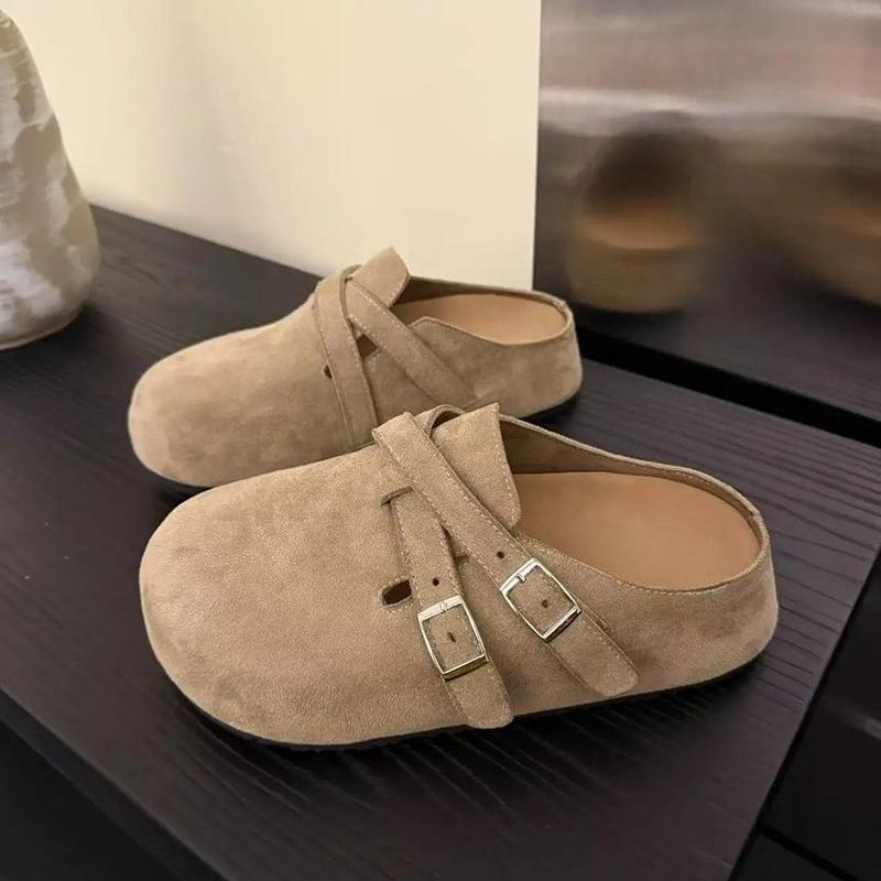 Fashion Scrub Soft Leather Bag Head Half Slippers Women's All-match Round Toe Deep Mouth Metal Buckle Platform Flats