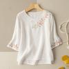 Women's Spring/Summer Three-Quarter Sleeve Embroidered Button-Down Blouse: Boho-Chic Retro Cotton-Linen T-Shirt with Embroidery