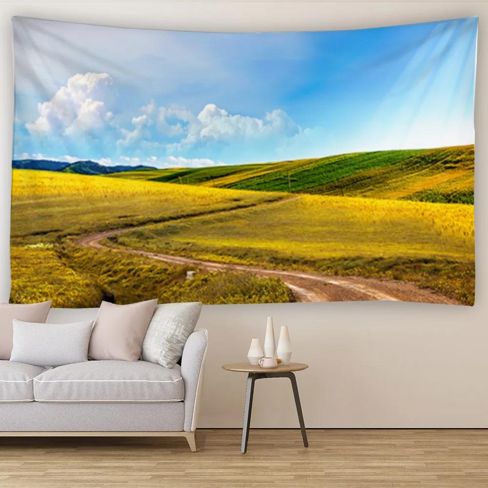 Blanket Curtain Bedroom Living Room Decoration Blue Sky White Cloud Grassland Wall Hanging Tapestry Art