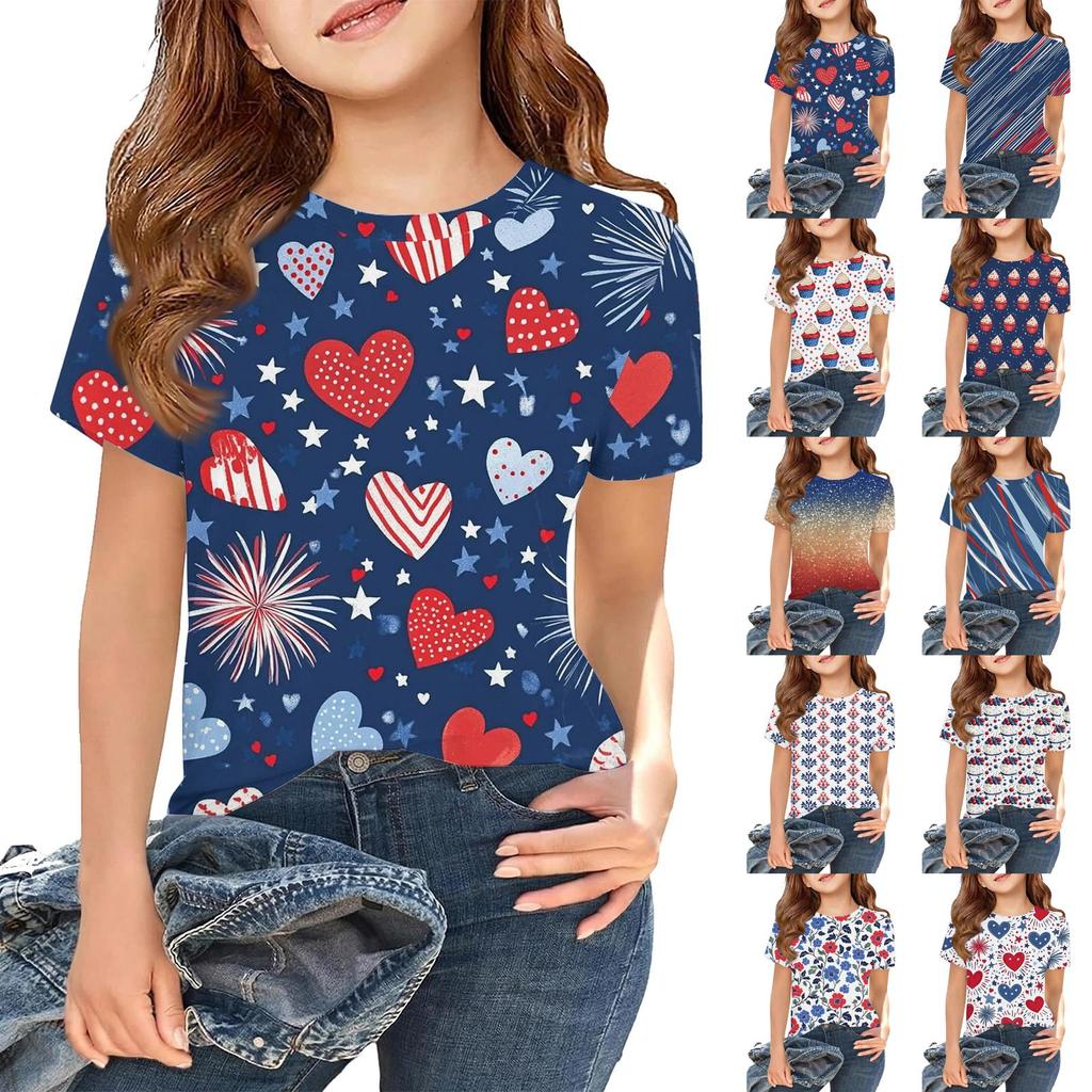 Girls Short Sleeve T Shirt Cupcake Print Independence Day Pattern Kids Casual Tee Top Soft Comfortable Fit Summer Shirt