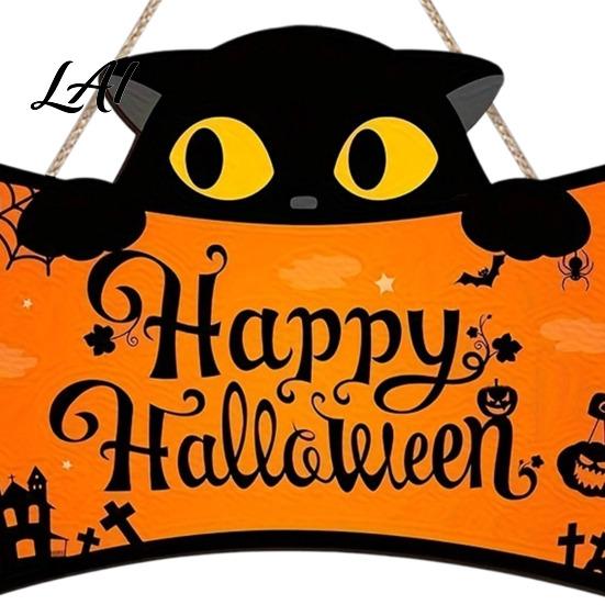 Autumn Festival Wall Ornaments Halloween Wooden Door Hanging Plaque Printed Black Cat Pumpkin Castle Spider Web Front Spooky Art Sign Waterproof