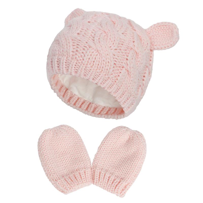 Baby Hat and Mittens Set Kids Knitted Beanie Cap Winter Warm Pompom Hats Gloves