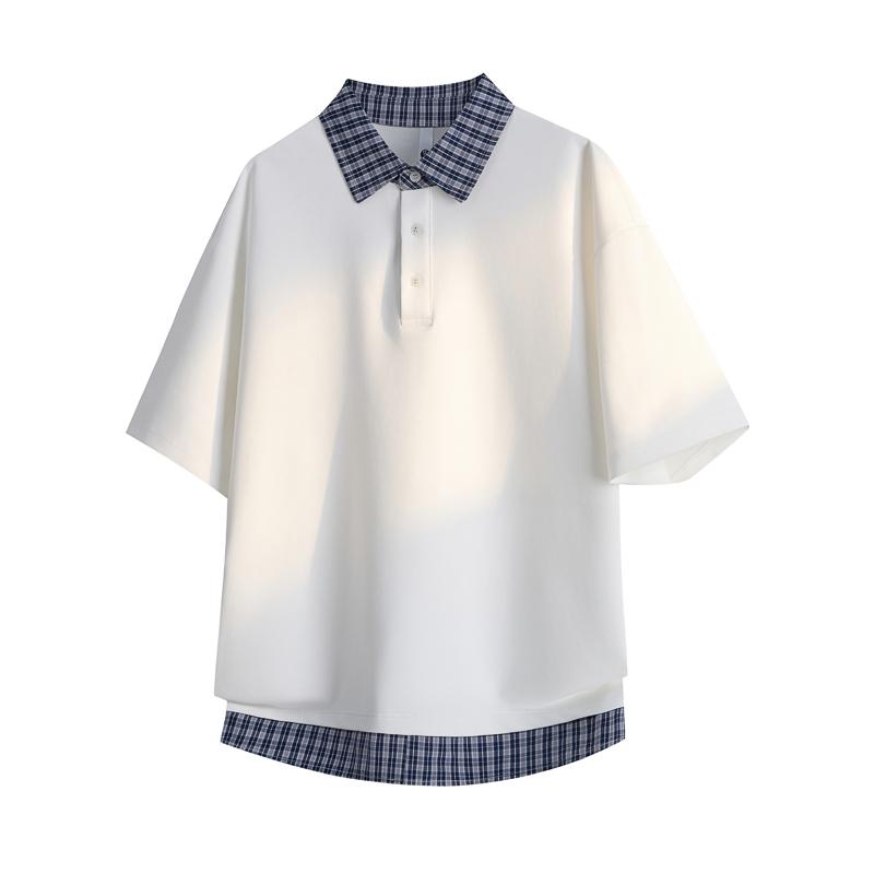 

Fake Two-piece Polo Collar Short-sleeved T-shirt Men s Loose Versatile Plaid Shirt Collar T-shirt 2XL белый
