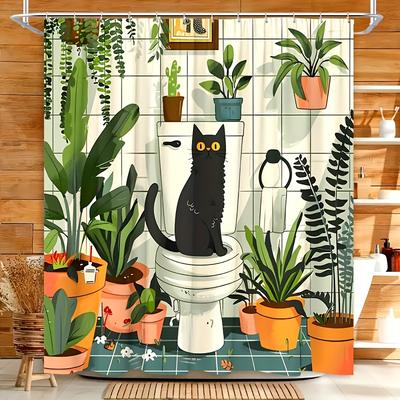Süße Schwarze Katze im Pflanzenreichen Badezimmer Duschvorhang, Wasserdicht und Schimmelresistent für Skurrile und Gemütliche Dekoration