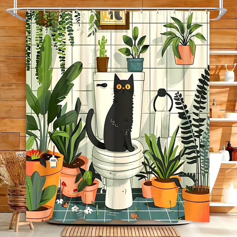 Cute Black Cat in Plant-Filled Bathroom Shower Curtain, Waterproof and Mildew-Resistant for Whimsical and Cozy Decor