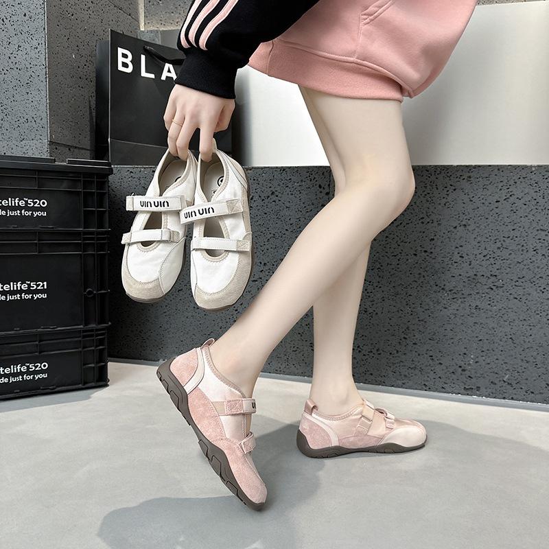 Leather Velcro Mary Jane shoes women's 2025 spring and summer Korean version hollow shallow mouth casual women's single shoes German training shoe