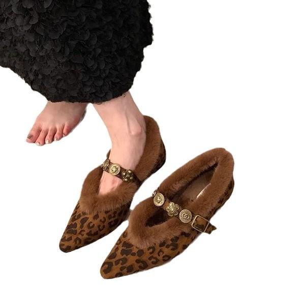 French Temperament Leopard Print Fluffy Slippers Women's Shoes 2025 New Autumn and Winter Bag Head Half Slippers Velvet Cotton Shoes