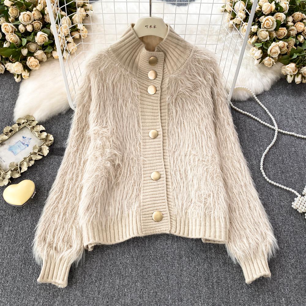 Imitation Mink Sweater Fashion Stand-UP Collar Loose Top Women's  Autumn/Winter Korean Soft Comfortable Cardigan Solid Coat