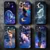 Nachtmond Katze verträumte Kunst weiche Handyhülle für iPhone 16 16E 17 Air 15 Pro Max 14 Plus 13 Mini 11 12 7 Schwarze Hülle Rückschale