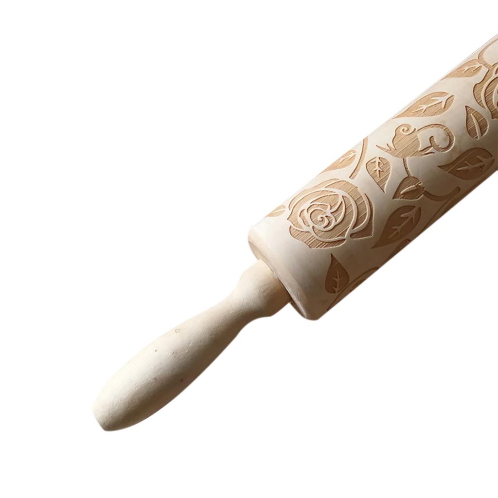 Wooden Rolling Pin, Rose Flower Embossed Engraved Carved Rolling Pin