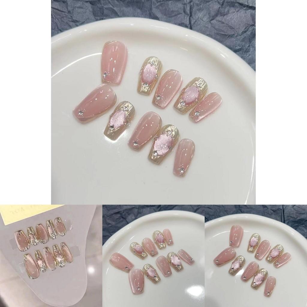 Handcrafted False Nails Pink Color Cat Eye Design 375 Goddess Girl Long T Xs