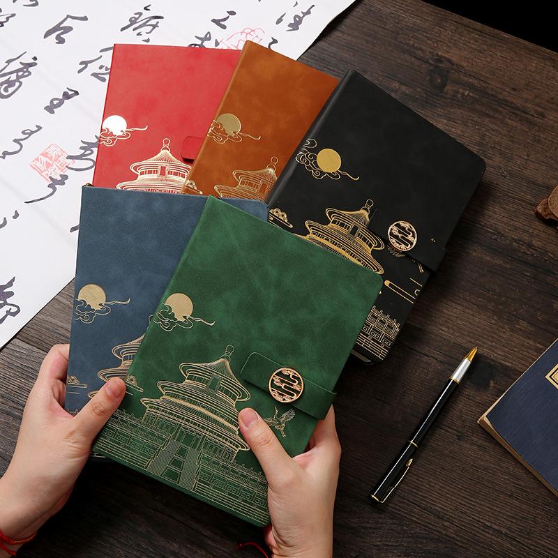 A5 Chinese Palace Museum Soft Leather Diary with Gold Stamping - Creative High-Value Buckle Pocket Notebook