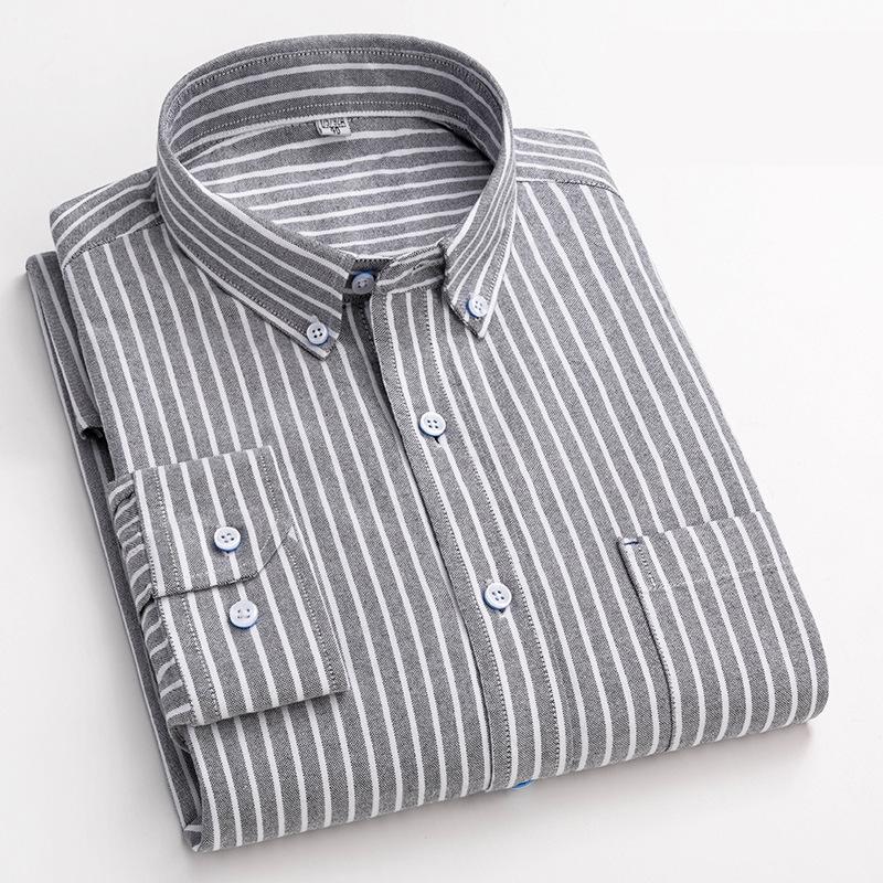 New Pure Cotton Business Men Oxford Shirt Long Sleeve Casual Plaid Striped with Chest Pocket Non-iron Autumn Spring