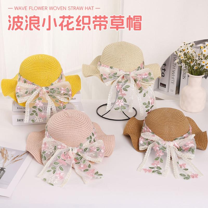 Hot Sale Flower Lace Ribbon Sun Hat Seaside Vacation Bow Sun Hat Wave Edge Stylish Straw Hat