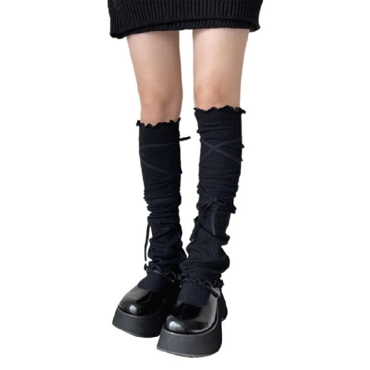 Women Japanese Ribbed Leggings Gaiters with Lace Up Bandage Aesthetic Ruffle Trim Thigh High Leg Warmers Footless Socks