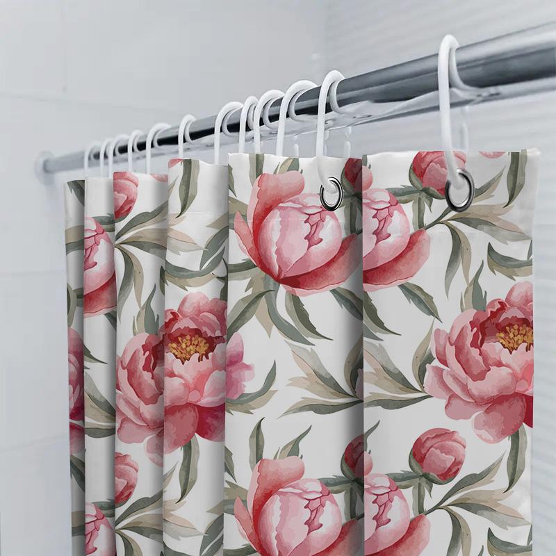 Floral Shower Curtain Pink Peony Design Polyester Fabric Waterproof Bathroom Decor Size Available