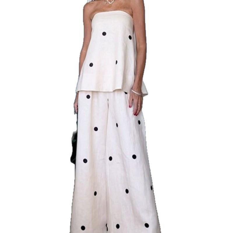 2025 Womens Polka Dot Tube Top Long Pants Set Street Style Casual Outfit