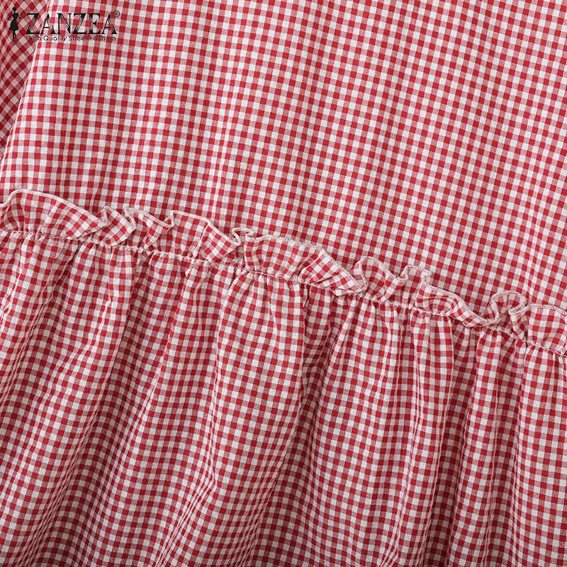 ZANZEA Women Casual Round Neck Summer Short Sleeve Plaid Print Blouse