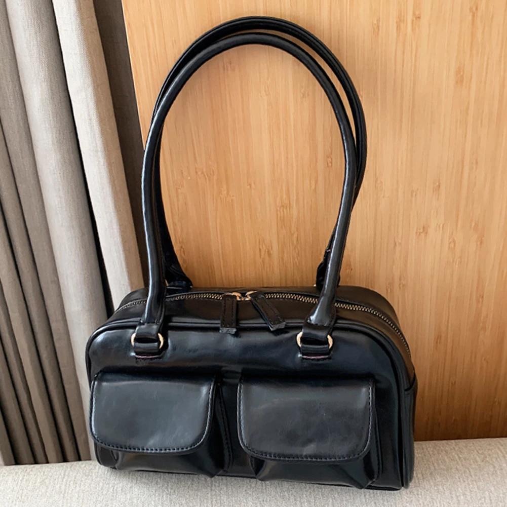 Women's Zipper Shoulder Bag Fashion Top Handle Bag Casual PU Leather Tote Handbag Multi Pocket Underarm Bag Vintage Shopping Bag