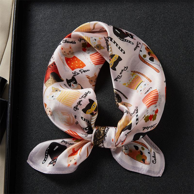 Spring and Autumn Silk Scarf Female Versatile Decorative Kitten Stewardess Small Scarf Mulberry Silk Scarf Hangzhou Silk