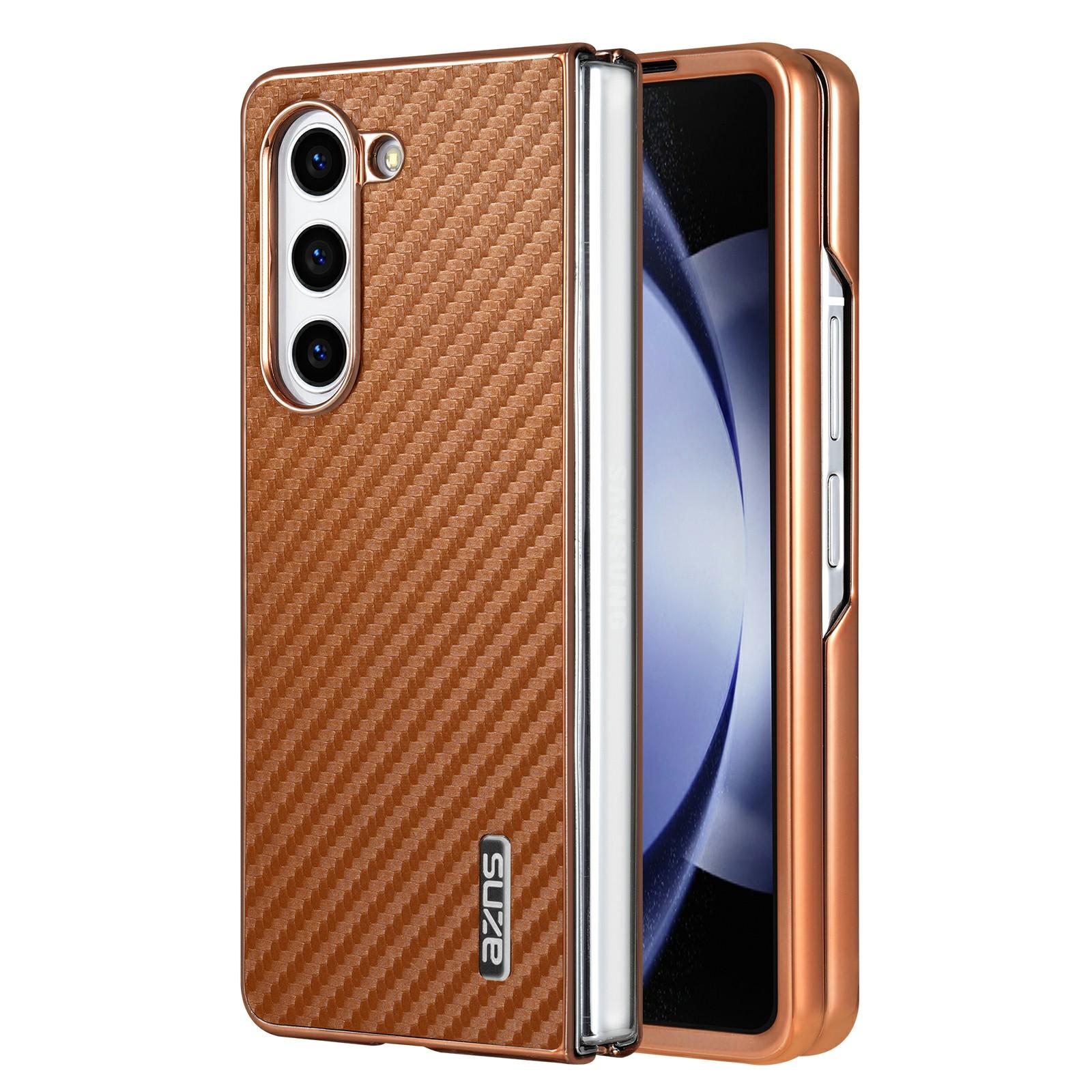

For Samsung Galaxy Z Fold5 5G Case Electroplating Carbon Fiber Texture PU+TPU Phone Cover Brown