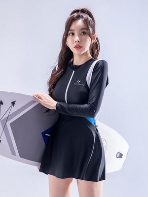 Korean Style Women's Sporty Long Sleeve Swimsuit with Skirt - Conservative One-Piece for Hot Spring Swimming