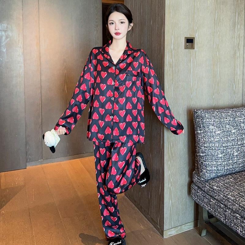 Frühlings- und Herbst-Damen-Hochwertiger Luxus-Eisseiden-Pyjama Hausanzug Mädchen Mode Langärmliger Pyjama Hausanzug
