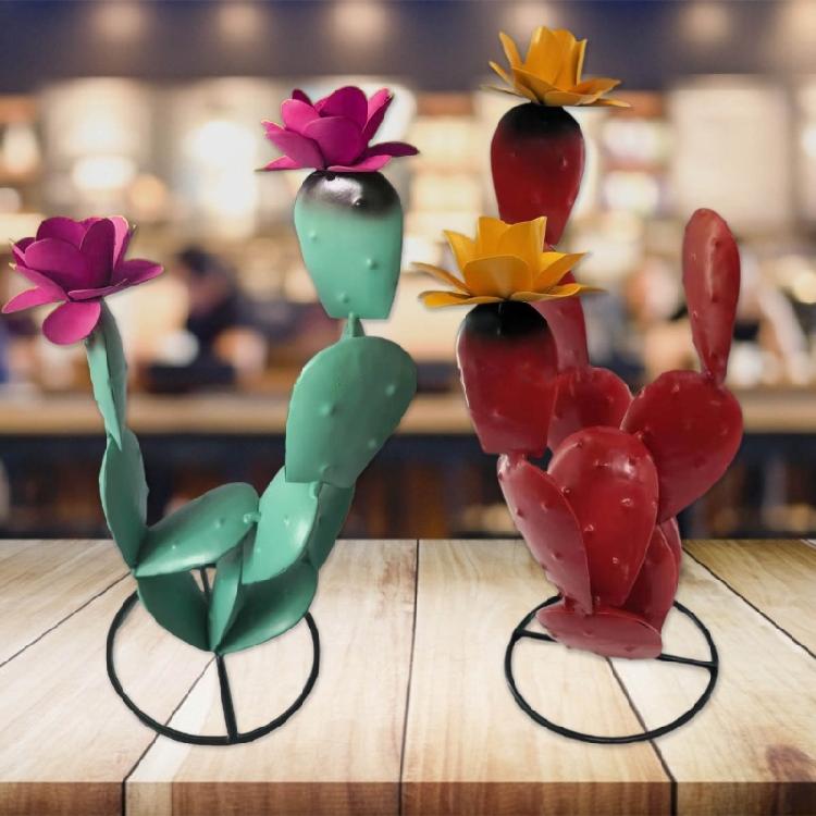 Rustic Metal Art Sculpture Cactus Metal Statue with Flowers  Handmade