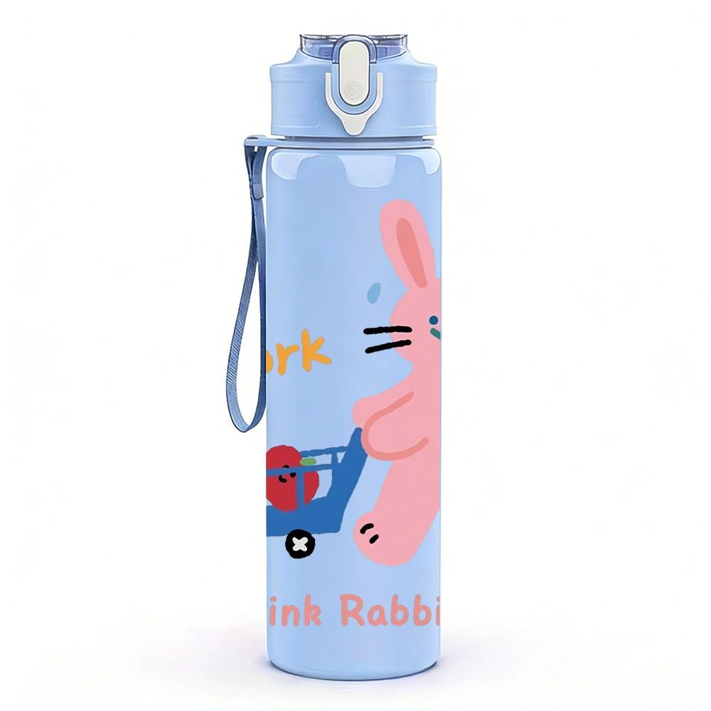 1PC Pink Rabbit Print 750ml Color Plastic Sports Water Bottle Leakproof Flip Straw Lid Suitable for Sports Office Home Use