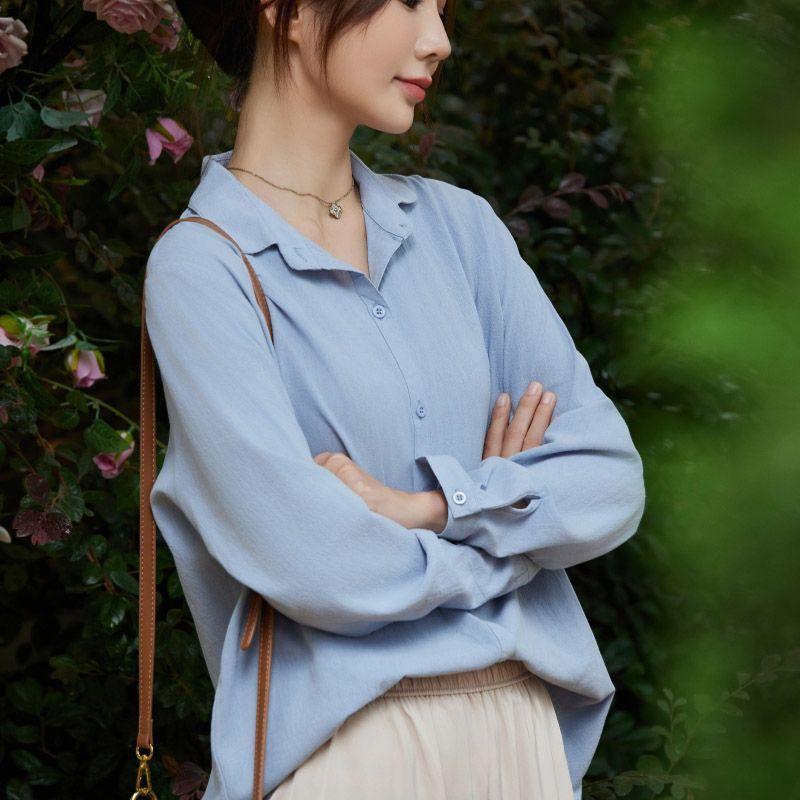 Women Light Blue Button Up Shirt Loose Fit Long Sleeve Casual Blouse
