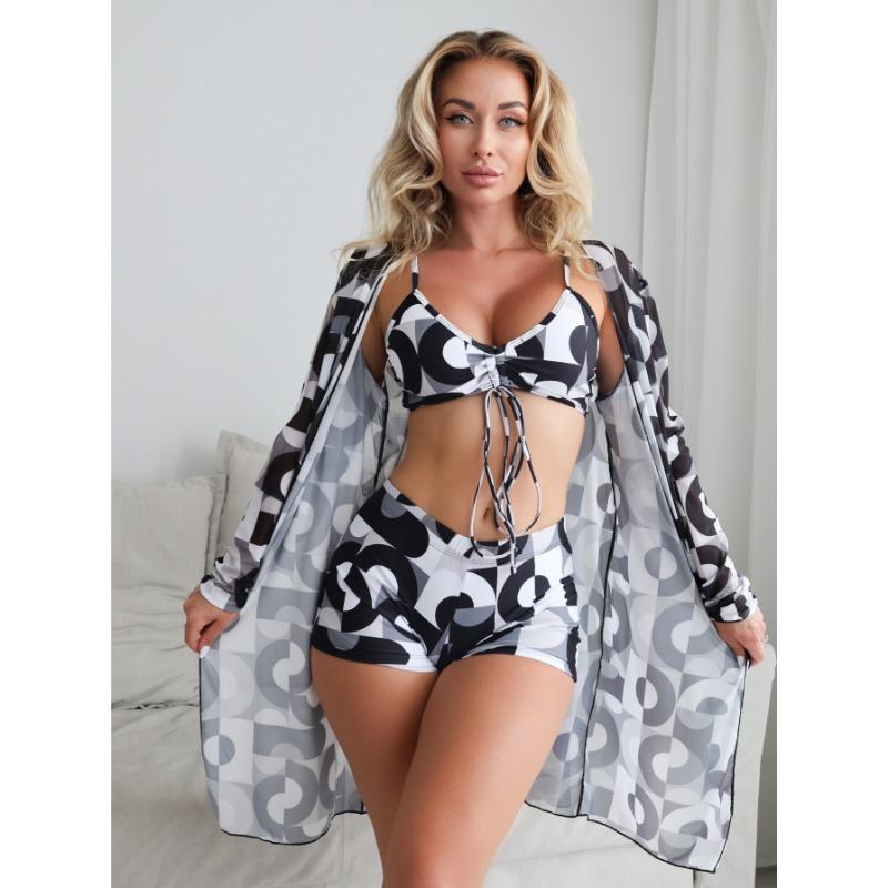 Dreiteiliger Badeanzug mit Bikini mit flachem Bein für Damen, neuer Stil mit geteiltem Oberteil und Schleife, modisches Strand- und Schwimmoutfit