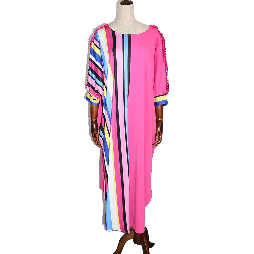 2022 African Plus Size Women's Vertical Stripe Print Sleeve Muslim Dress