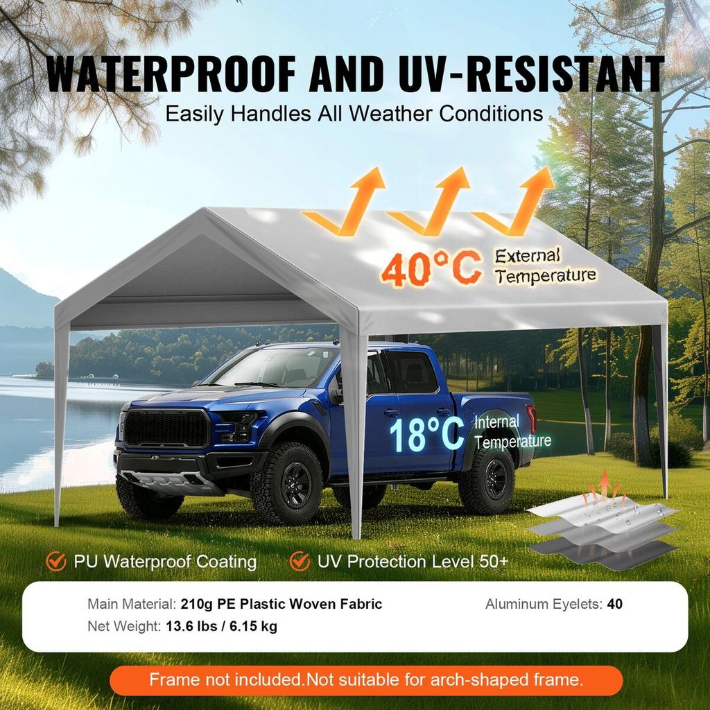 Carport Replacement Canopy Cover 6100 x 3040 mm Garage Top Tent Shelter Tarp Heavy-Duty Waterproof & UV Protected, Easy Installation with Ball