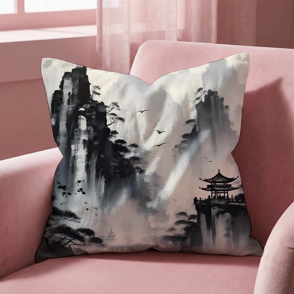 Ink Wash Texture Cushion Cover MultiScene Pillow Cover for Home Car Reversible Soft Durable for Daily Use