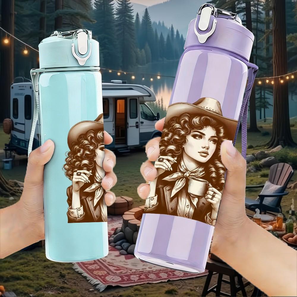 1PC Western Cowgirl Lady 750ml Color Plastic Sports Water Bottle Leakproof Flip Straw Lid Suitable for Sports Office Home Use