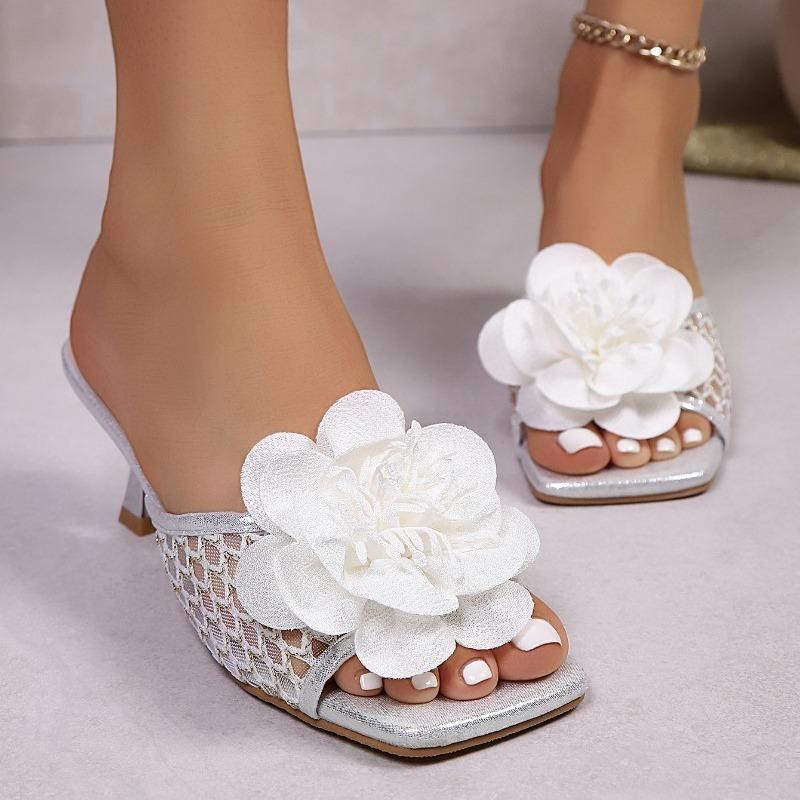 Flower Mesh Women High Heels Slippers Square Toe Heeled Shoes New Sandals Designer 2025 Summer Sexy Pumps Woman Dress Zapatillas