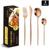 Portugal Gold Stainless Steel Cutlery Set: Four-Piece Knife, Fork, and Spoon Set for Steaks.