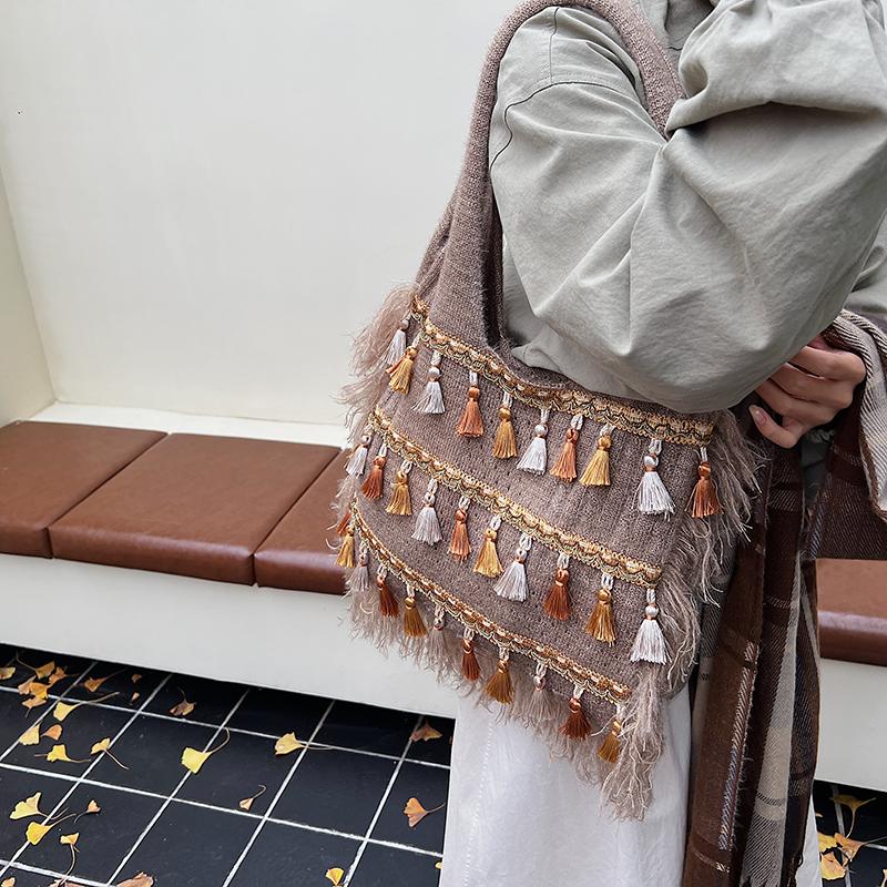 Knit Tassels Hobo Bags Bohemian Underarm Bag Ethnic Style Tote Bags for Women Work Shopping Travel Daily